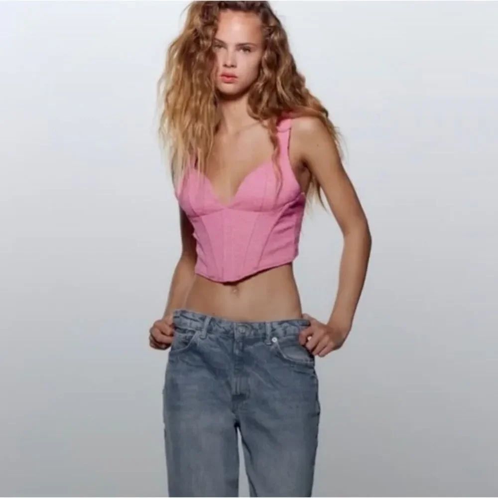 NEW ZARA Y2K pink textured corset cropped top S